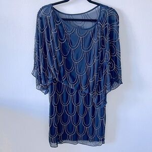 Cache Short Sleeved Beaded sheer dress with Lining in Navy Blue
